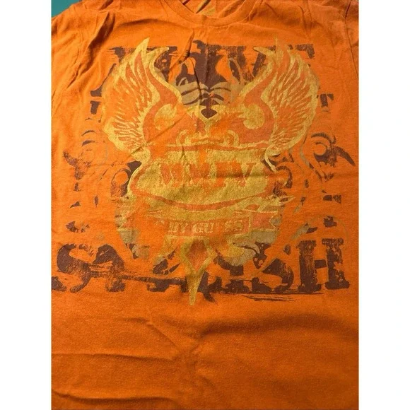 GUESS Mens T-Shirt Short Sleeve Round Neck L Orange Distressed Acid Wash Graphic - Picture 5 of 9